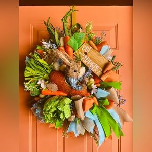 Easter bunny driving carrot car wreath, spring wreath